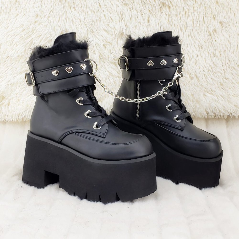 Goth Punk Platform Ankle Boots Furry Chain Cuff 57